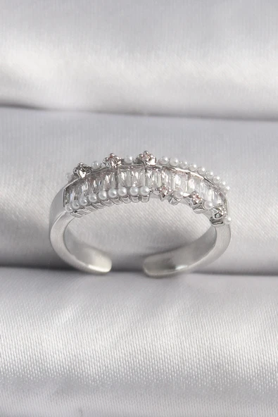 HEYF Pirinç Gümüş Renk Zirkon Taşlı İnci Detay VIP Seri Kadın Yüzük ürün görseli 1