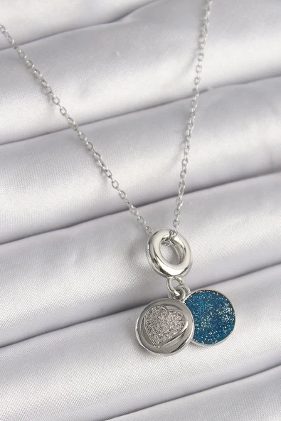 HEYF 316L Çelik Gümüş Renk Zincir Zirkon Taşlı İşleme Mavi Simli Kadın Kolye ürün görseli 1