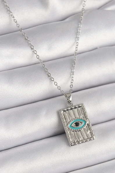 HEYF 316L Çelik Gümüş Renk Zirkon Taşlı Göz İşleme Detaylı Plaka Model Kadın Kolye ürün görseli 1