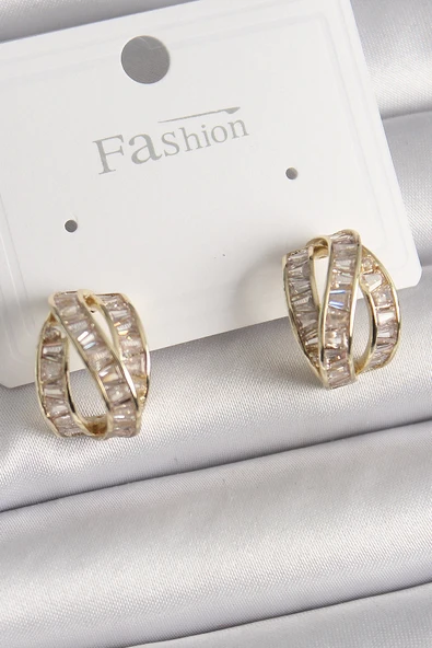 HEYF Pirinç Gold Renk Zirkon Taşlı Düğüm Halka Model Kadın Küpe