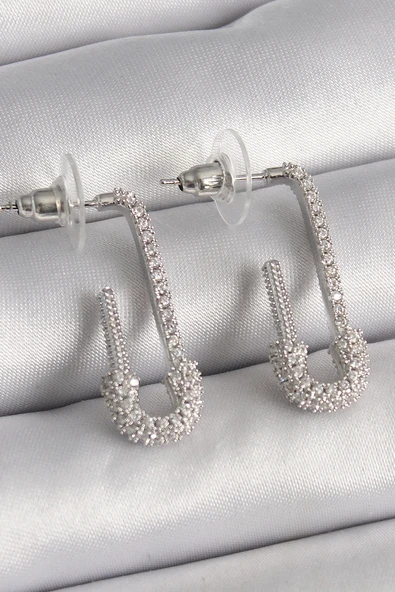 HEYF Pirinç Gümüş Renk Zirkon Taşlı Çengelli İğne Model Kadın Küpe ürün görseli 1