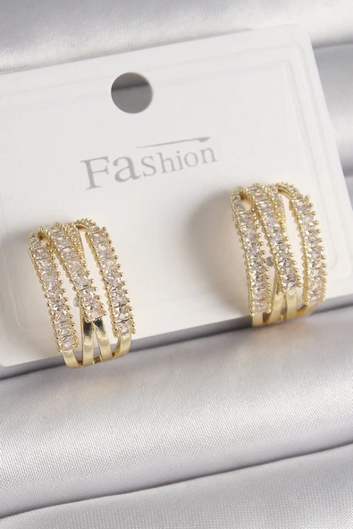 HEYF Pirinç Gold Renk Zirkon Taşlı Halka Model Kadın Küpe ürün görseli 1