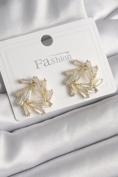 HEYF Pirinç Gold Renk Zirkon Taşlı Daire Model Kadın Küpe
