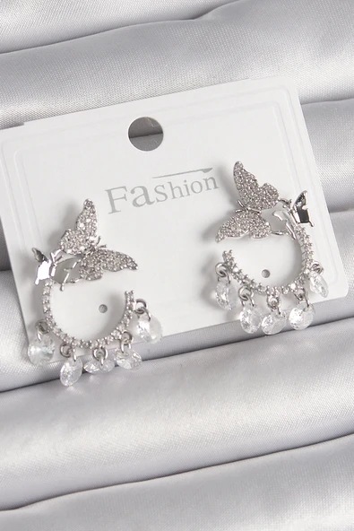 HEYF Pirinç Gümüş Renk Zirkon Taşlı Sallantı Detay Kelebek Model Kadın Küpe ürün görseli 1