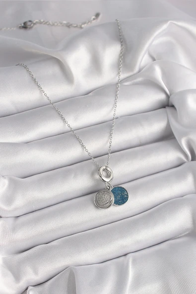 HEYF 316L Çelik Gümüş Renk Zincir Zirkon Taşlı İşleme Mavi Simli Kadın Kolye - Resim 2