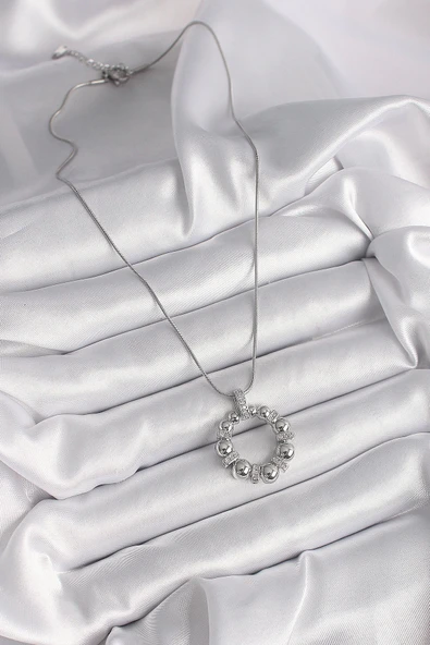 HEYF 316L Çelik Gümüş Renk Zincir Zirkon Taş Detaylı Bombeli Halka Model Kadın Kolye - Resim 2