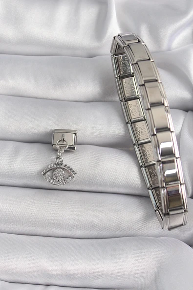 HEYF 316L Çelik Gümüş Renk Sallantı Zirkon Taşlı Göz Model Nomination Charm - Resim 2