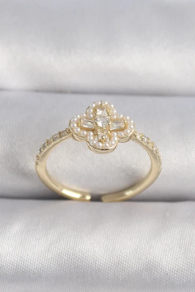 HEYF Pirinç Gold Renk Zirkon Taşlı Yonca Model İnci Detay Kadın Yüzük ürün görseli 1