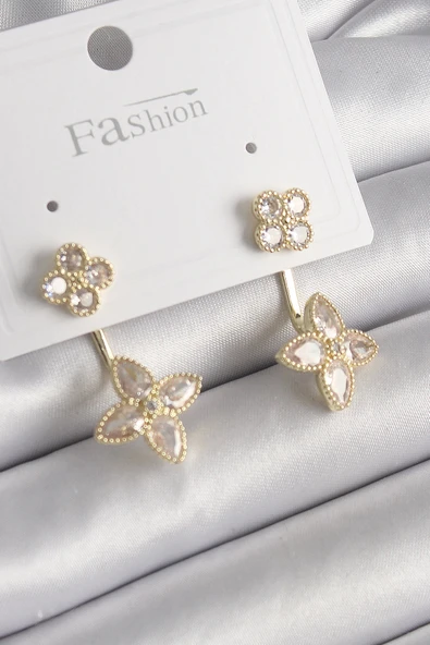 HEYF Pirinç Gold Renk Zirkon Taşlı Yonca Model Kadın Küpe - 1
