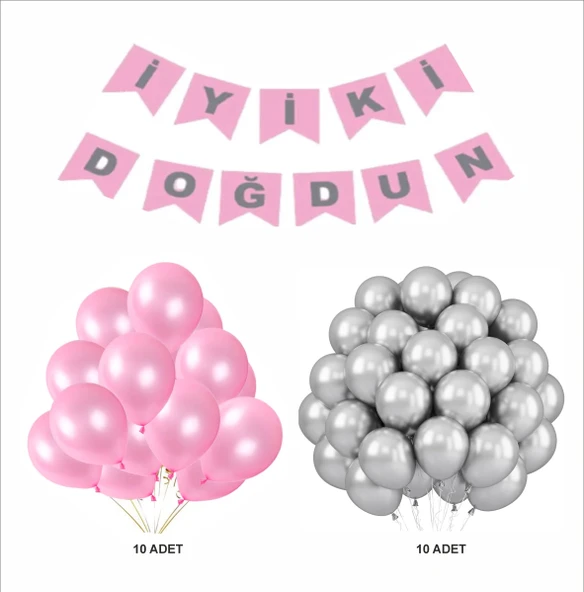 METALİK PEMBE-GÜMÜŞ BALON+BANNER SETİ - Resim 2