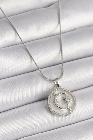 HEYF 316L Çelik Gümüş Renk Zincir Zirkon Taş Detaylı Beyaz Sedefli Ay Yıldız İşleme Kadın Kolye ürün görseli 1