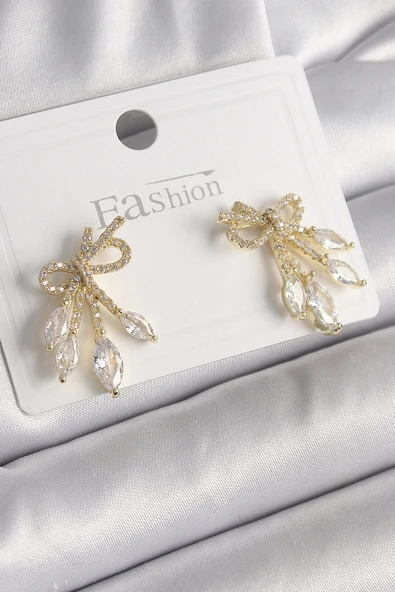 HEYF Pirinç Gold Renk Zirkon Taşlı Düğüm Model Damla Zirkon Taşlı Kadın Küpe ürün görseli 1