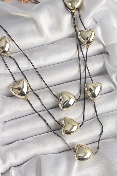 HEYF Pirinç Füme Renk Zincir 3D Gold Renk Kalp Model Kadın Kolye ürün görseli 1