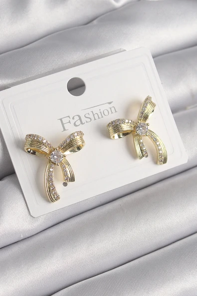 HEYF Pirinç Gold Renk Zirkon Taşlı Fiyonk Model Kadın Küpe ürün görseli 1