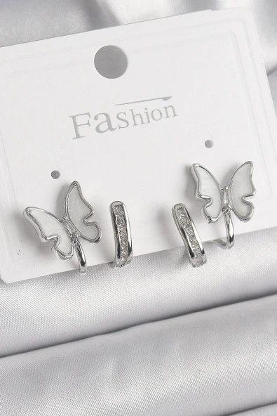 HEYF Pirinç Gümüş Renk Zirkon Taş Detaylı Beyaz Sedefli Kelebek Model Kadın Küpe ürün görseli