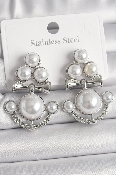 HEYF Pirinç Gümüş Renk Sallantı İncili Çapa Model Kadın Küpe ürün görseli 1