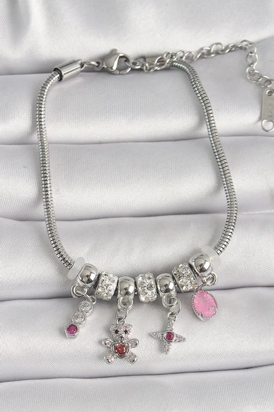 HEYF Pirinç Gümüş Renk Zincir Sallantı Zirkon Taşlı Ayıcık Figür Yıldız Detay Kadın Bileklik ürün görseli 1