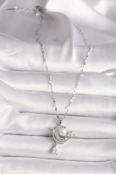 HEYF 316L Çelik Gümüş Renk Zirkon Taşlı Ay Yıldız Sallantı Detay Kadın Kolye - Resim 2