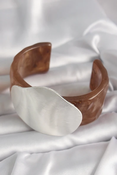 HEYF Kahverengi Mermer Desen Akrilik Plastik Gümüş Plaka Model Vintage Kadın Bilezik - 2
