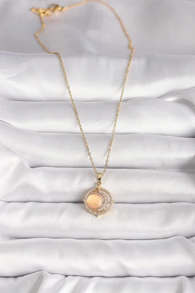 HEYF 316L Çelik Gold Renk Zirkon Taşlı Turuncu Sedefli Hilal Model Kadın Kolye - Resim 2