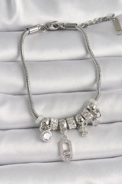 HEYF Pirinç Gümüş Renk Zincir Sallantı Zirkon Taşlı Messika Figür Yıldız Detay Kadın Bileklik ürün görseli 1