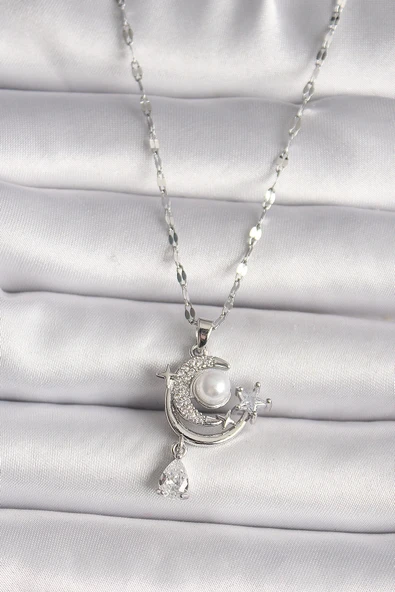 HEYF 316L Çelik Gümüş Renk Zirkon Taşlı Ay Yıldız Sallantı Detay Kadın Kolye ürün görseli 1