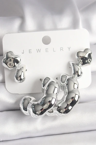 HEYF Gümüş Renk Yonca Damla Halka Model CCB Plastik Kadın Küpe Seti ürün görseli 1