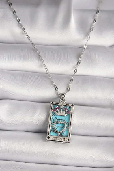 HEYF 316L Çelik Gümüş Renk Pembe Zirkon Taşlı Taç Kalp Portre Model Kadın Kole ürün görseli 1