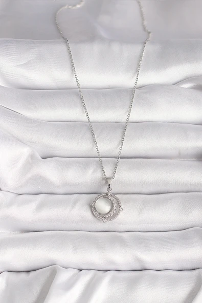 HEYF 316L Çelik Gümüş Renk Zirkon Taşlı Beyaz Sedefli Hilal Model Kadın Kolye - Resim 2