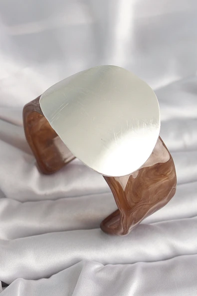 HEYF Kahverengi Mermer Desen Akrilik Plastik Gümüş Plaka Model Vintage Kadın Bilezik