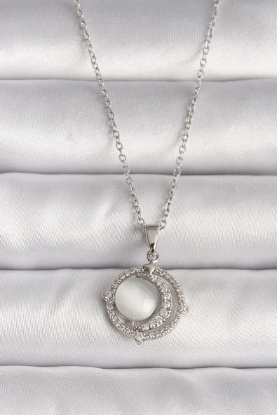 HEYF 316L Çelik Gümüş Renk Zirkon Taşlı Beyaz Sedefli Hilal Model Kadın Kolye ürün görseli 1