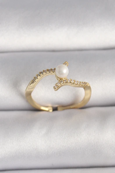 HEYF Pirinç Gold Renk Zirkon Taşlı İncili Ayarlanabilir Yüzük ürün görseli 1