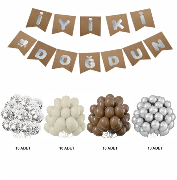KAVERENGİ,DENİZ KUMU,GÜMÜŞ,ŞEFFAF BALON+KRAFT BANNER SETİ - 2