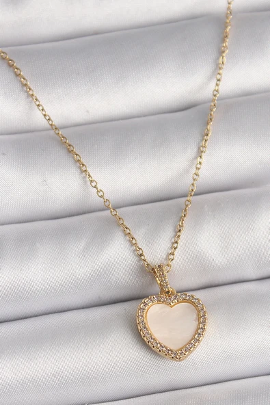 HEYF 316L Çelik Gold Renk Zincir Zirkon Taşlı Beyaz Mineli Kalp Model Kadın Kolye
