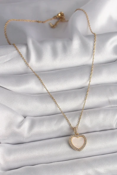 HEYF 316L Çelik Gold Renk Zincir Zirkon Taşlı Beyaz Mineli Kalp Model Kadın Kolye - 2