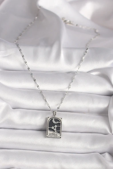 HEYF 316L Çelik Gümüş Renk Zirkon Taşlı  Ay Figürlü Taror Model Kadın Kolye - Resim 2