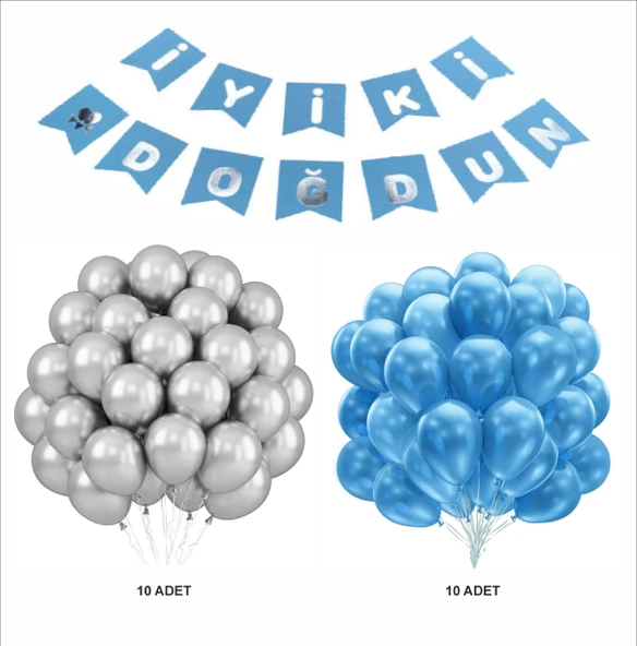 MAVİ-GÜMÜŞ BALON+BANNER SETİ - 2