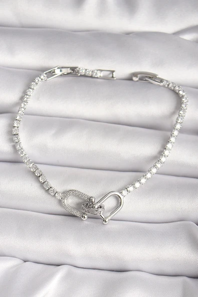 HEYF Pirinç Gümüş Renk Su Yolu Zirkon Taşlı Model Kadın Bileklik ürün görseli 1