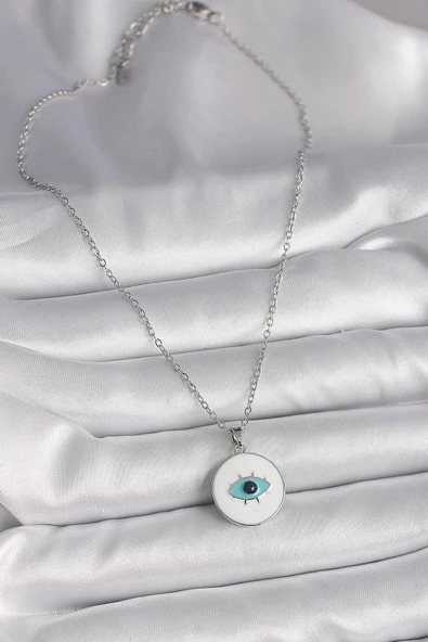 HEYF 316L Çelik Gümüş Renk Zincir Beyaz Mineli Turkuaz Göz İşleme Model Kadın Kolye - Resim 2