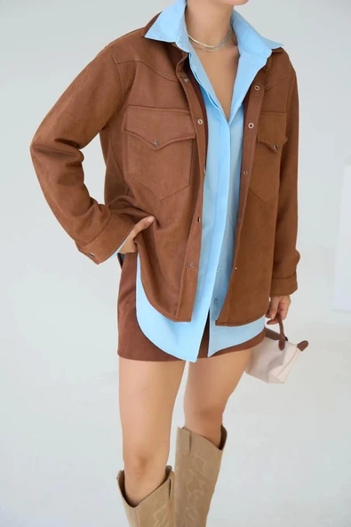 Dokuma Süet Gömlek - Taba - Resim 2