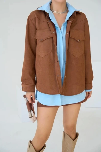 Dokuma Süet Gömlek - Taba - Resim 3