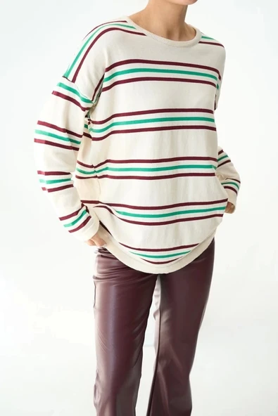 Çizgili Triko Kazak - Ekru-Bordo - 2
