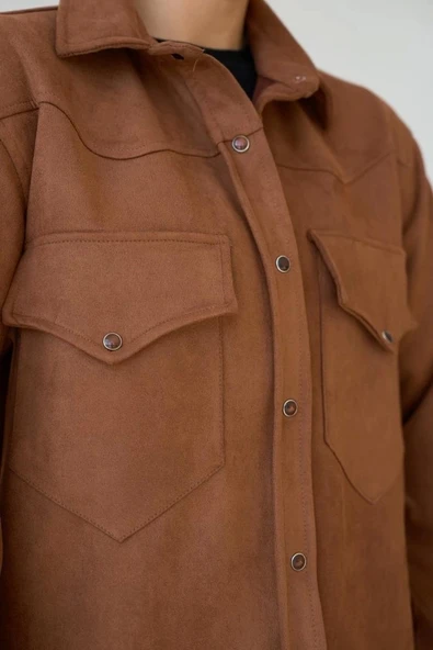 Dokuma Süet Gömlek - Taba - Resim 5