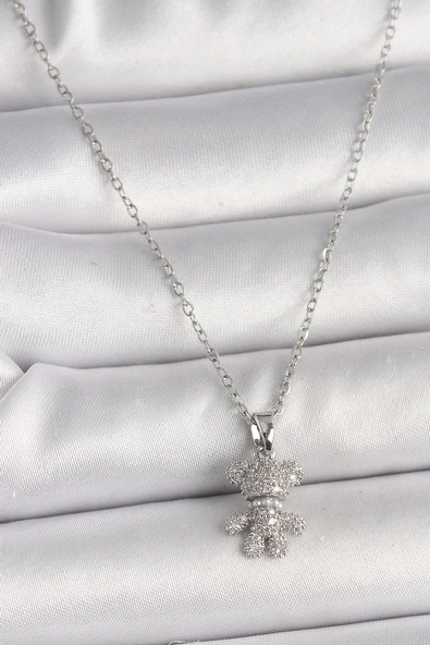 HEYF 316L Çelik Gümüş Renk Zincir Zirkon Taşlı Ayıcık Figür Kadın Kolye ürün görseli 1