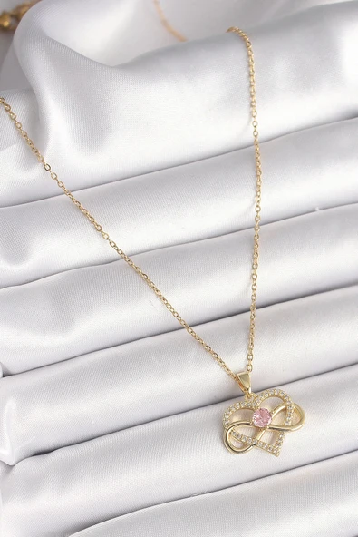 HEYF 316L Çelik Gold Renk Zincir Zirkon Taşlı Sonsuzluk Kalp Model Kadın Kolye - Resim 2