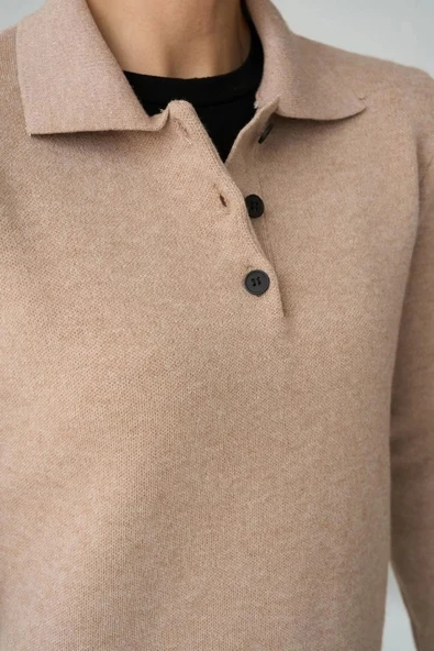 Polo Yaka 3 Düğmeli Kazak - Camel - 2