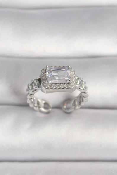 HEYF Pirinç Gümüş Renk Ayarlanabilir Zincir Kare Zirkon Taşlı Kadın Yüzük ürün görseli 1