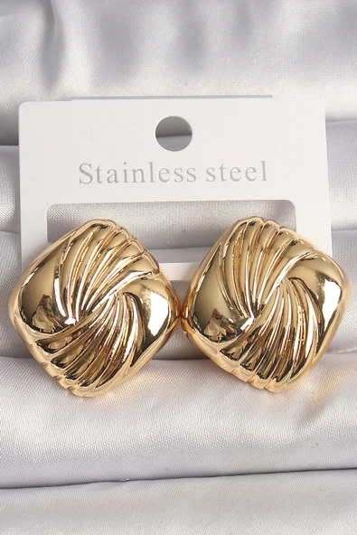 HEYF Pirinç Gold Renk İşlemeli Kare Model Kadın Küpe