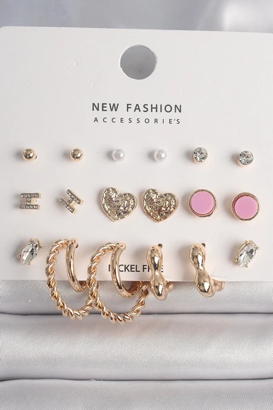 HEYF Pirinç Gold Renk Zirkon Taşlı Burug Halka Model İşlemeli Kalp Detay 9 Çift Kadın Küpe Seti ürün görseli 1