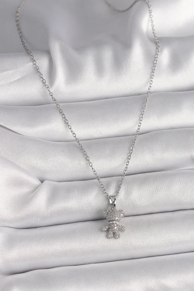 HEYF 316L Çelik Gümüş Renk Zincir Zirkon Taşlı Ayıcık Figür Kadın Kolye - Resim 2